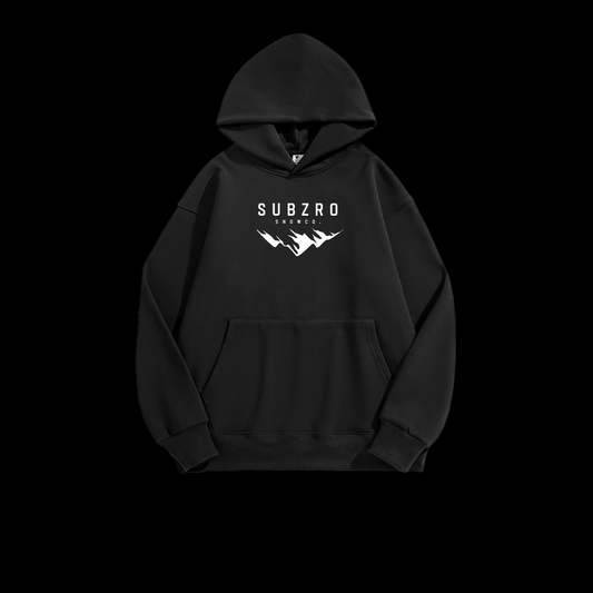 Black fleeced hoodie with 'SUBZRO MOUNTAIN" and white text. 