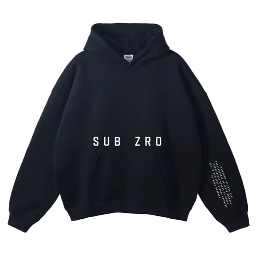Black hoodie with 'SUB ZRO' logo with white text.