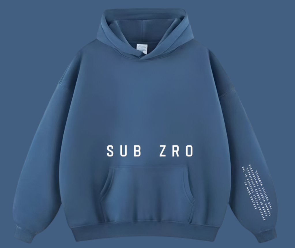 Blue hoodie with 'SUB ZRO' logo with white text.
