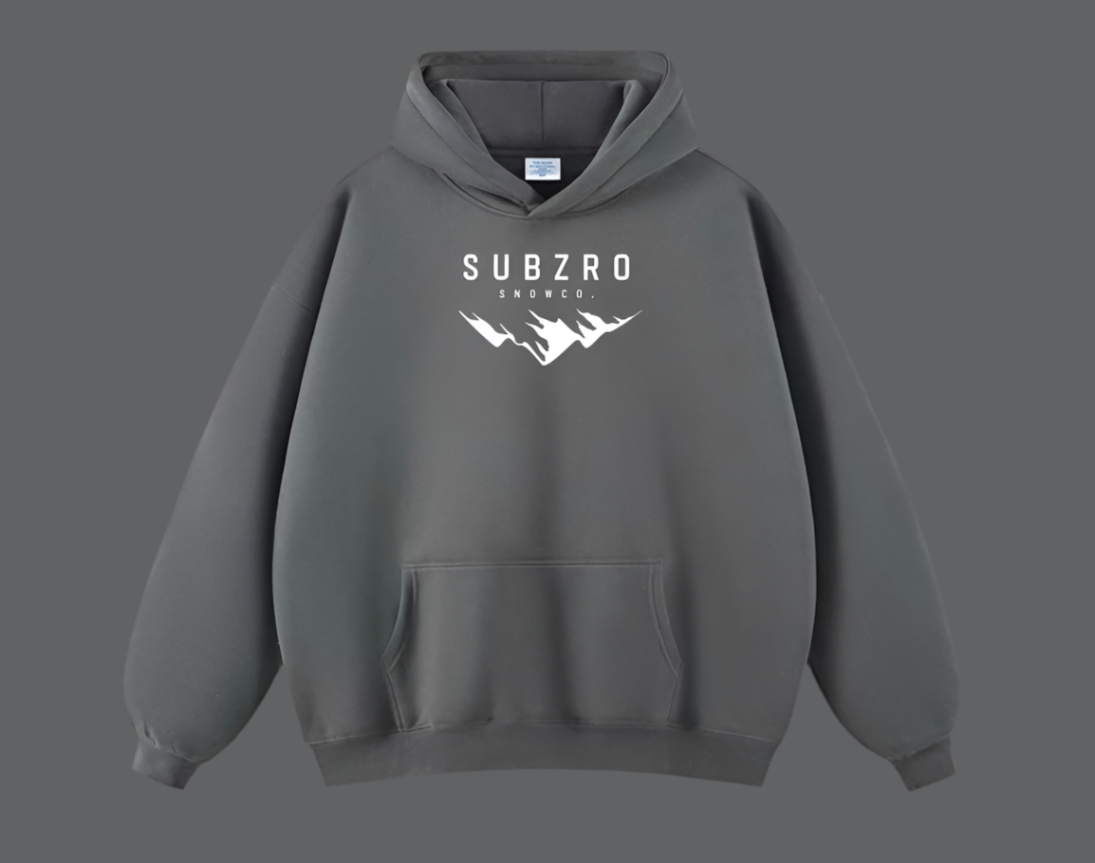 Gray cotton hoodie with 'SUBZRO MOUNTAIN LOGO' and white text. 