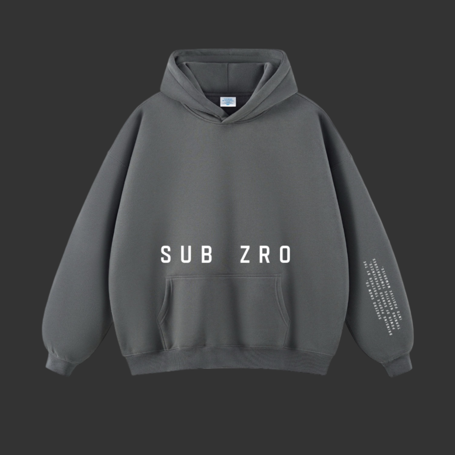 Gray hoodie with 'SUB ZRO' logo with white text.
