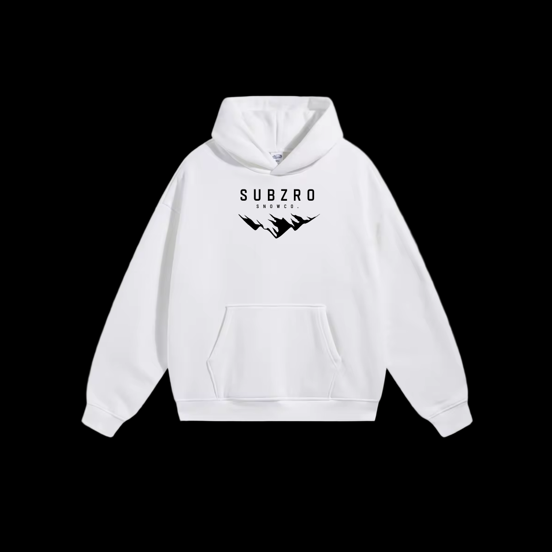 White fleeced hoodie with 'SUBZRO MOUNTAIN" with black text. 